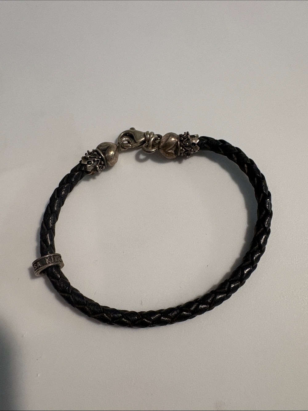 King Baby Studio Black Braided Leather Bracelet with Silver Accents